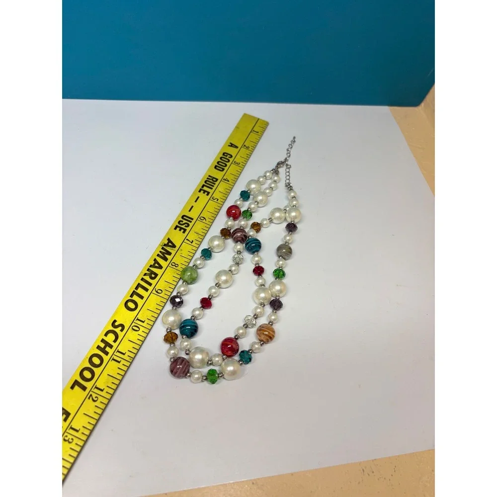 Multicolor Double Strand Beaded Necklace Faux Pearl Art Glass Statement Silver